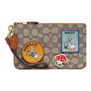 COACH Disney Collaboration Wristlet Leather With Fabric Wrist Bag Small Size Women's Brown