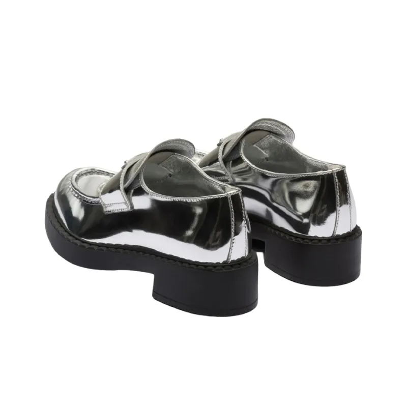 PRADA Metallic 50mm Loafers Silver Leather Women's-4
