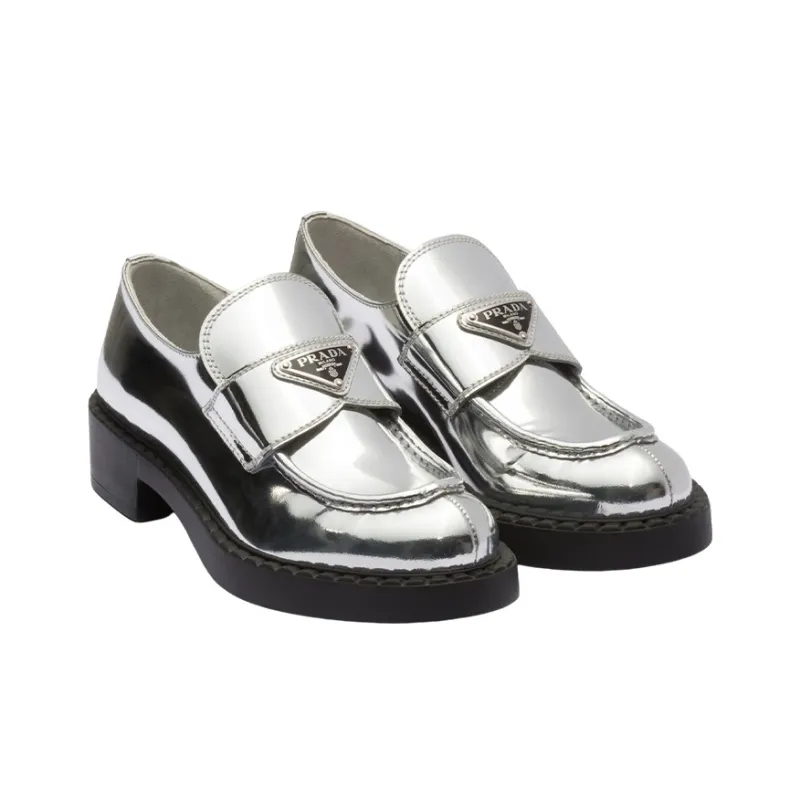 PRADA Metallic 50mm Loafers Silver Leather Women's-2