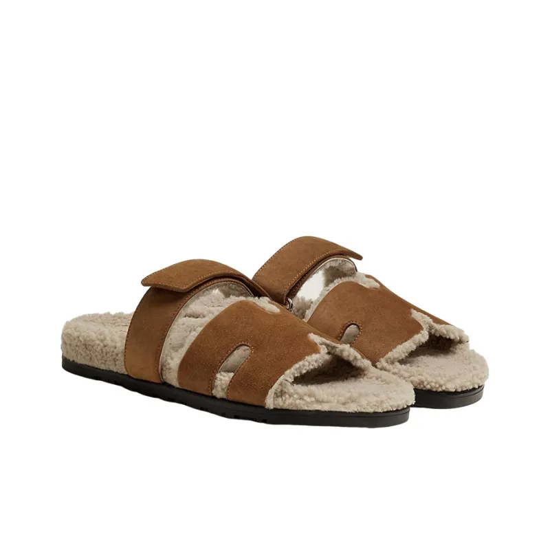 HERMES Chypre Sandal Brun Fume Suede Woolskin M-3