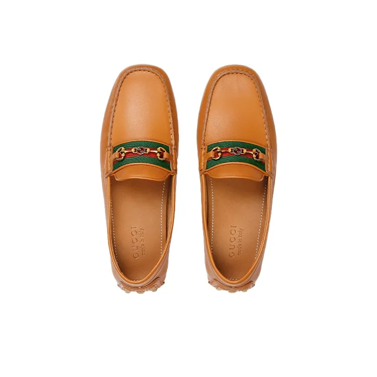 GUCCI Web Casual Leather Shoes Men's Brown Yellow-2