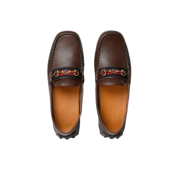 GUCCI Ayrton Webbing Trimmed Horsebit Leather Driver Loafers Brown-2