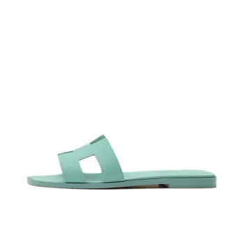 HERMES Oran Flat Slides Sandals Light Blue Women's
