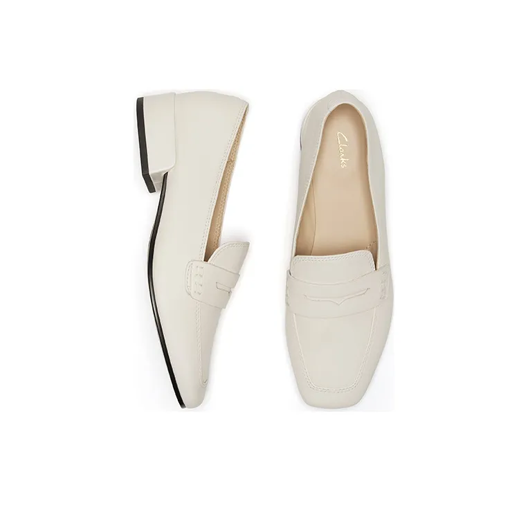 Clarks Chunky Heel Loafers Women's White-3