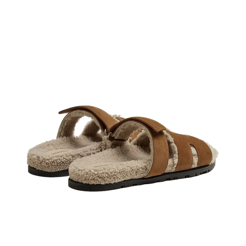 HERMES Chypre Sandal Brun Fume Suede Woolskin M-4