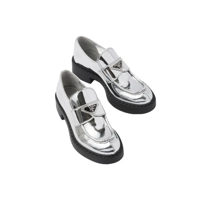 PRADA Metallic 50mm Loafers Silver Leather Women's-3