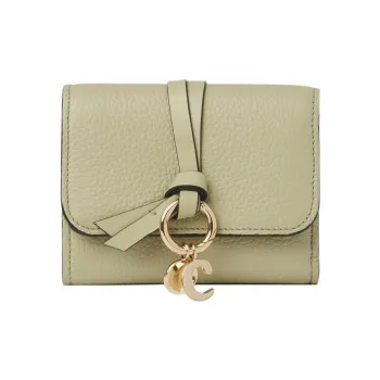 Chloe Alphabet Grained Calfskin Card Holder Wallet Small Size Women's Khaki Green