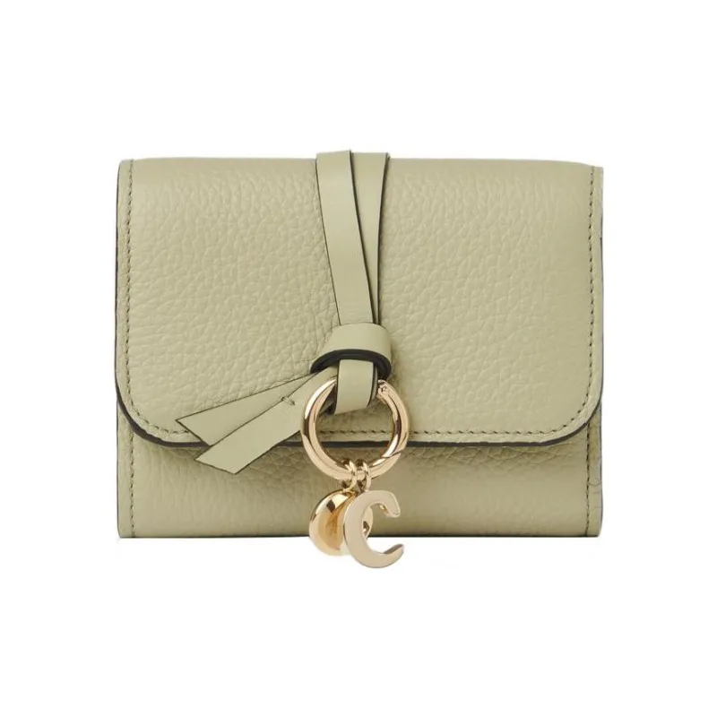 Chloe Alphabet Grained Calfskin Card Holder Wallet Small Size Women's Khaki Green-0