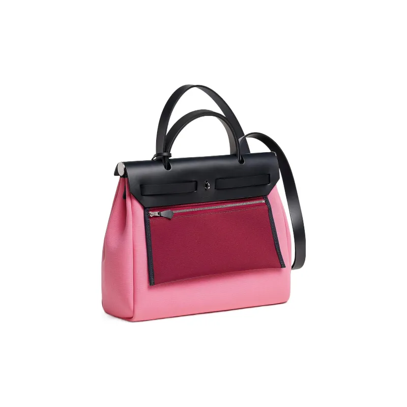 HERMES Herbag Zip Officier Canvas With Hunter Cow Leather Canvas Bag Handbag Crossbody Bag Women's Bubble Gum Pink-2