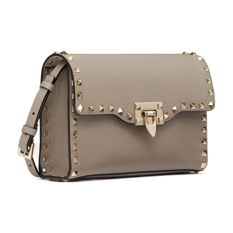 Valentino Rockstud Calfskin Messenger Bag Shoulder Bag, Crossbody Bag Women's Gray-1