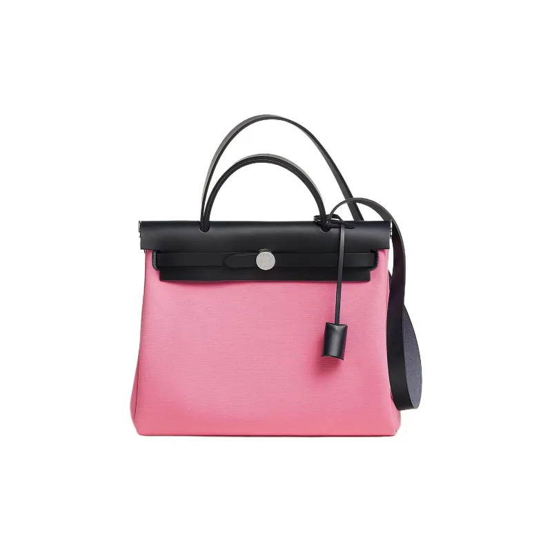 HERMES Herbag Zip Officier Canvas With Hunter Cow Leather Canvas Bag Handbag Crossbody Bag Women's Bubble Gum Pink-0
