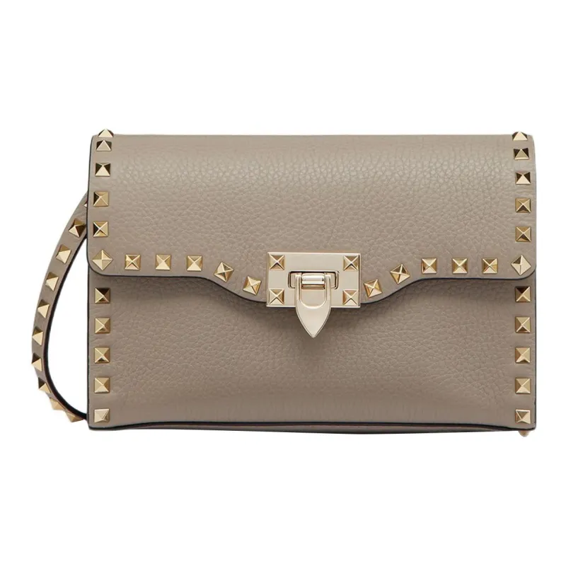 Valentino Rockstud Calfskin Messenger Bag Shoulder Bag, Crossbody Bag Women's Gray-0