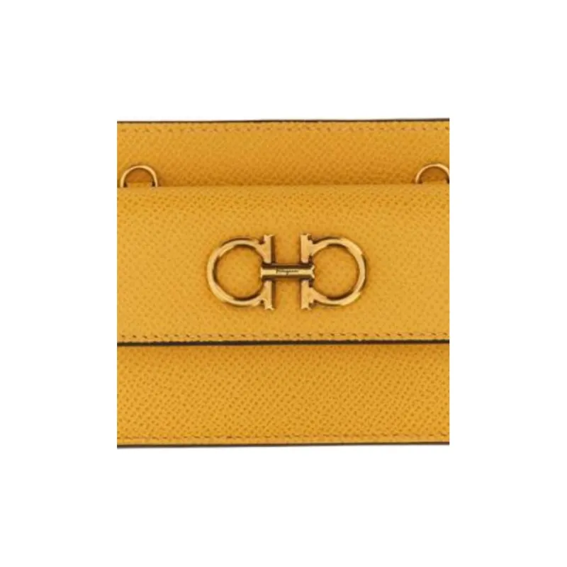 FERRAGAMO GANCINI Cow Leather Shoulder Bag Crossbody Bag Card Holder Women's Yellow-4