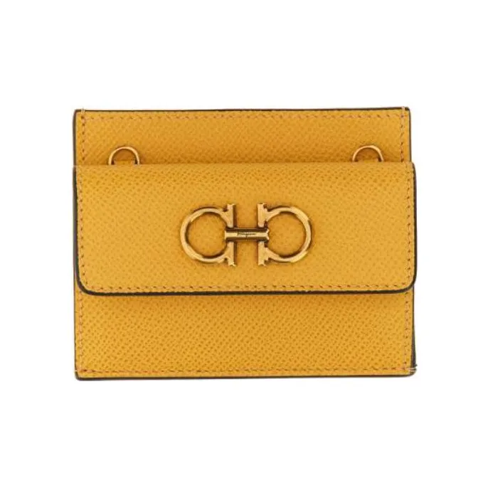 FERRAGAMO GANCINI Cow Leather Shoulder Bag Crossbody Bag Card Holder Women's Yellow-0
