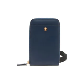VERSACE Cow Leather One Shoulder Crossbody Cell Phone Pouch Men's Blue