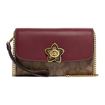 COACH Chain Canvas With Leather Clutches Shoulder Bag Crossbody Bag Women's Khaki & Burgundy