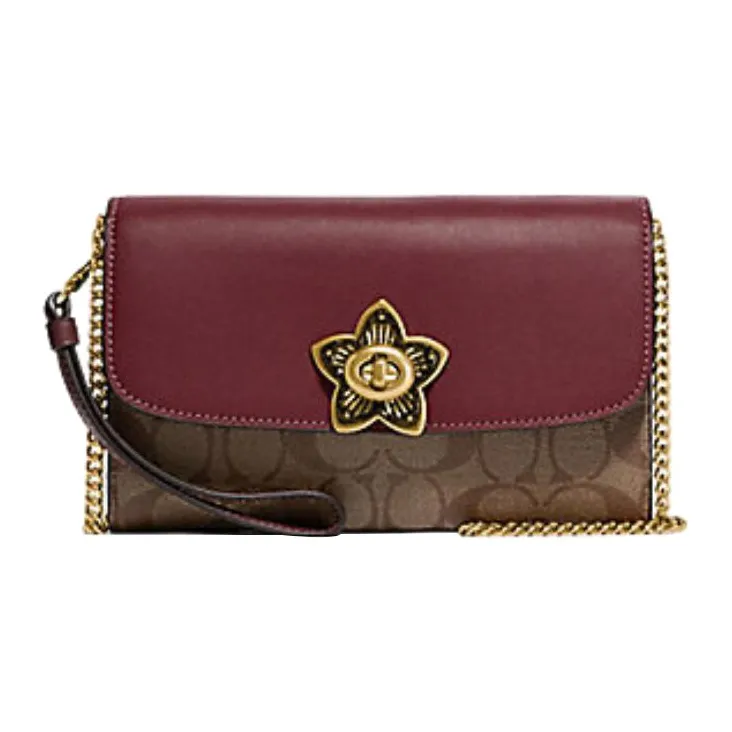 COACH Canvas With Leather Clutch, Shoulder Bag, Crossbody Bag Women's Khaki & Burgundy-0
