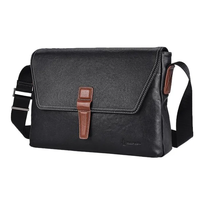 Hush Puppies Top Grain Cow Leather Messenger Bag, Shoulder Bag, Crossbody Bag Medium Size Men's Black-1