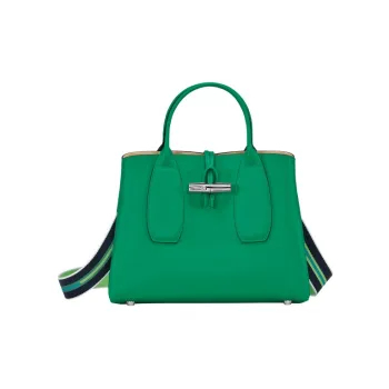LONGCHAMP Roseau Cow Leather Big Bag, One Shoulder Handbag Medium Size Women's Light Green