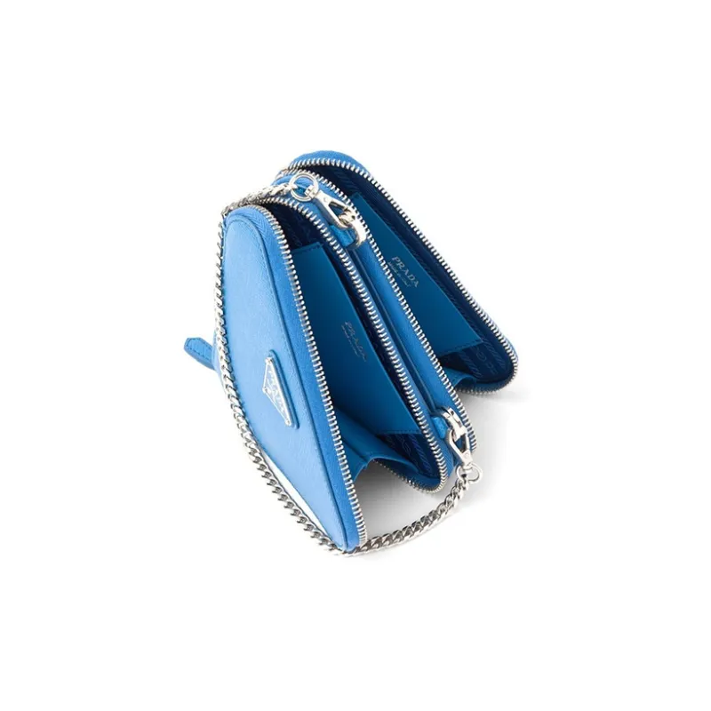 PRADA Fabric With Saffiano Leather Portable One Shoulder Crossbody Clutches Mini Women's Blue-3