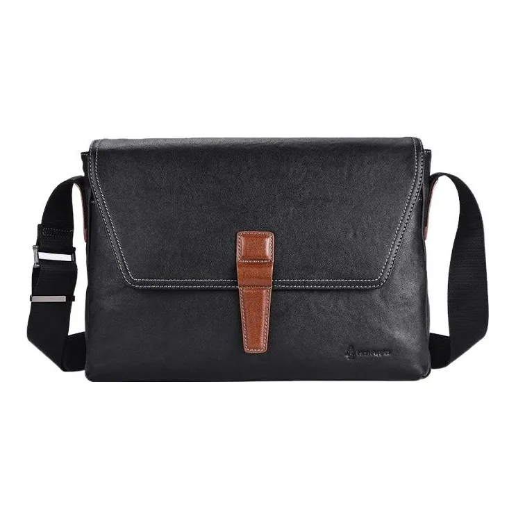Hush Puppies Top Grain Cow Leather Messenger Bag, Shoulder Bag, Crossbody Bag Medium Size Men's Black-0