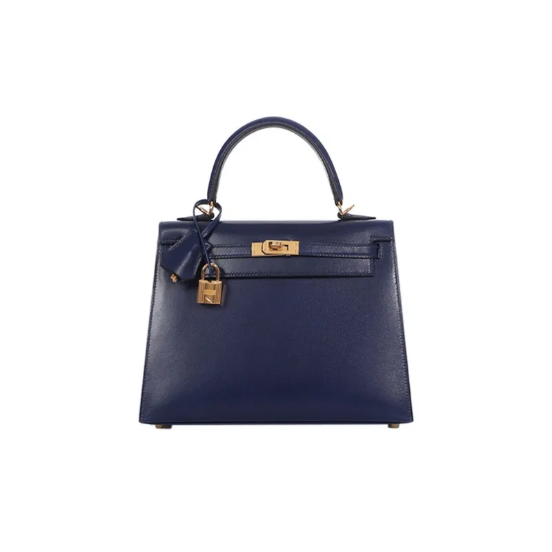 HERMES Kelly Box Calfskin Kelly Bag Handbag Shoulder Bag Women's Sapphire Blue-0