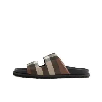Burberry Check Cotton Canvas Slides Dark Birch Brown