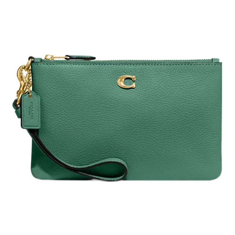 COACH Wristlet Pebbled Leather Wrist Bags Clutches Small Size Women's Green-0