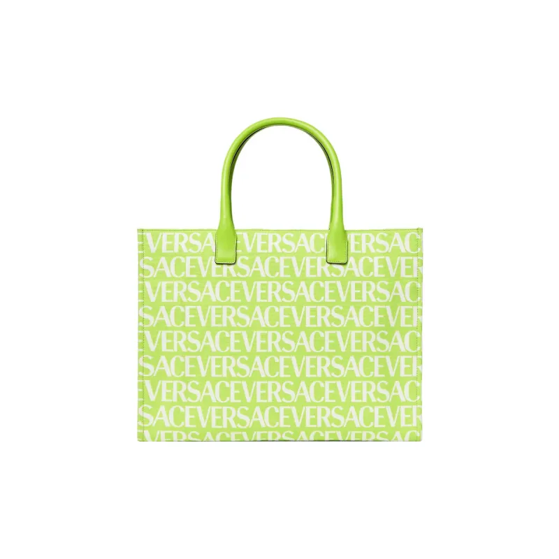 VERSACE Cotton With Cow Leather Patchwork Tote Bag Shopping Bag Handbag Large Size Women's Green-3