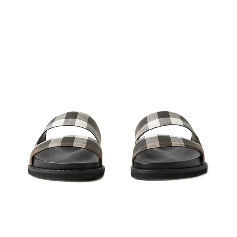 Burberry Check Cotton Canvas Slides Dark Birch Brown-2
