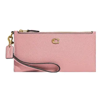 COACH Double Zip Wallet Pebbled Leather Card Holder Wallet Women's Pink