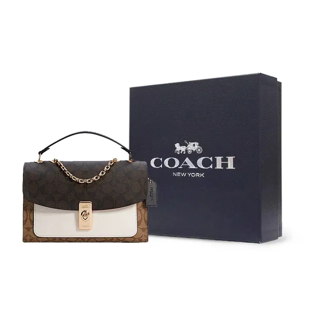 COACH Lane Coated Canvas With Leather Portable Crossbody Bag Shoulder Bag Medium Size Women's Brown White-8