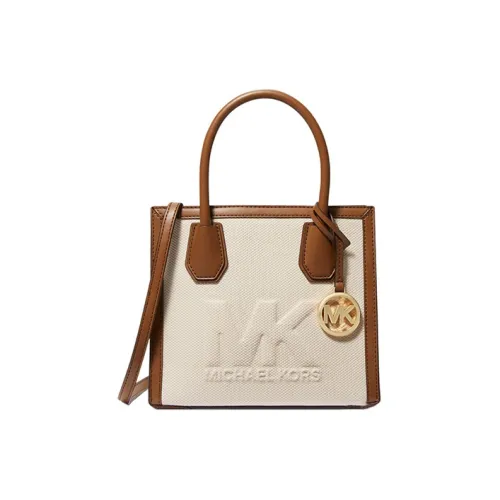 MICHAEL KORS Mercer Cotton Canvas Handbag, Shoulder Bag, Crossbody Bag Medium Size Women's White & Brown