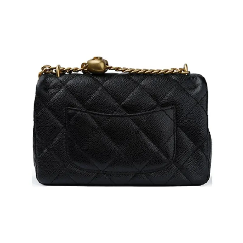 CHANEL 23P SS Grain Embossed Cow Leather Flap Bag, Shoulder Bag, Crossbody Bag Trumpets Women's Black-2