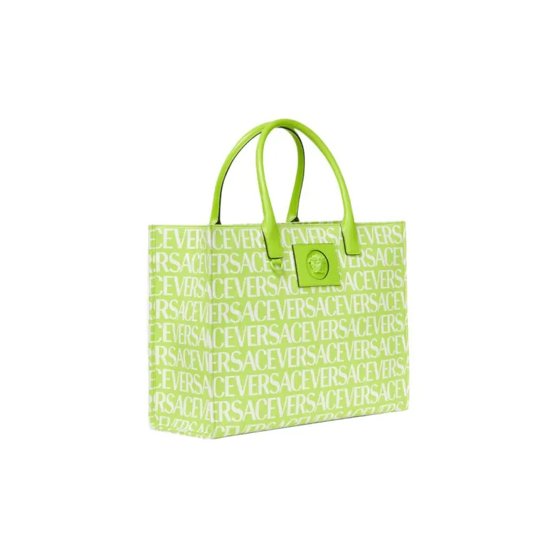 VERSACE Cotton With Cow Leather Patchwork Tote Bag Shopping Bag Handbag Large Size Women's Green-1