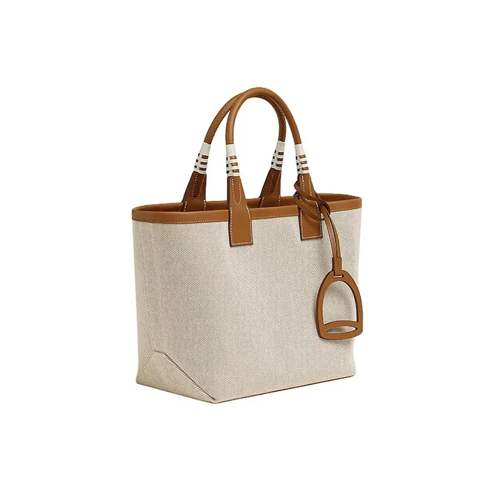 HERMES Steeple H Canvas With Swift Calfskin Canvas Bag, Handbag Regular Women's Light Beige/Beige/Gold-1