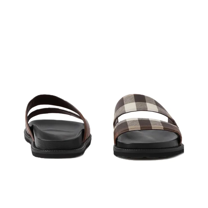 Burberry Check Cotton Canvas Slides Dark Birch Brown-4