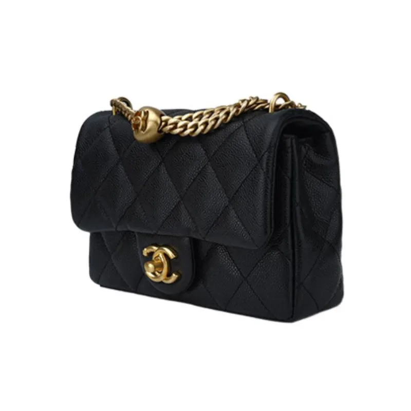 CHANEL 23P SS Grain Embossed Cow Leather Flap Bag, Shoulder Bag, Crossbody Bag Trumpets Women's Black-1