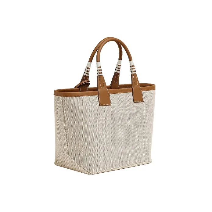 HERMES Steeple H Canvas With Swift Calfskin Canvas Bag, Handbag Regular Women's Light Beige/Beige/Gold-2