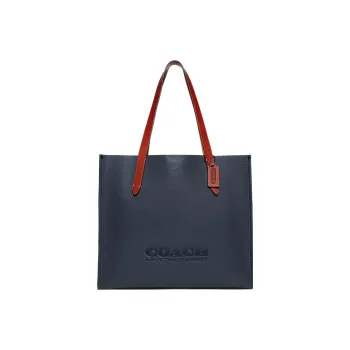 COACH Tote Pebbled Leather With Wax Plant Leather And Coated Canvas One Shoulder Handbag Large Size Men's Denim Blue