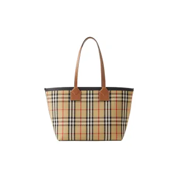Burberry Check Cotton Small London Tote Bag Briar Brown/Black