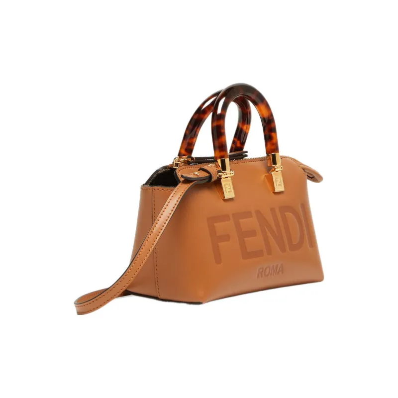 FENDI Cow Leather Boston Bag Handbag Shoulder Bag Crossbody Bag Small Size Women's Brown-1