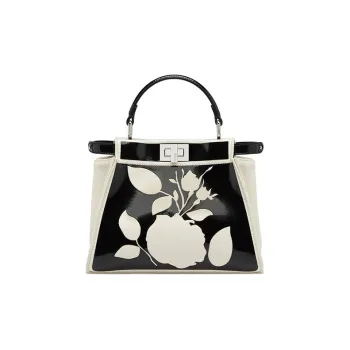 FENDI Peekaboo Patent Leather With Canvas Shoulder Bag Crossbody Bag Handbag Mini Women's Black/White