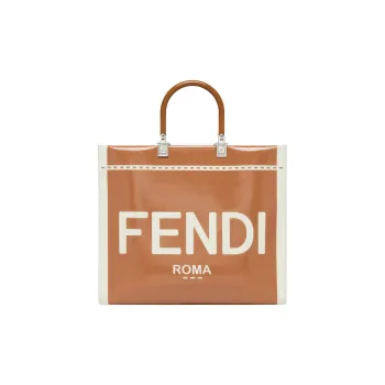 FENDI Sunshine Patent Leather Cow Leather Tote Bag Shopping Bag Handbag Medium Size Women's Brown