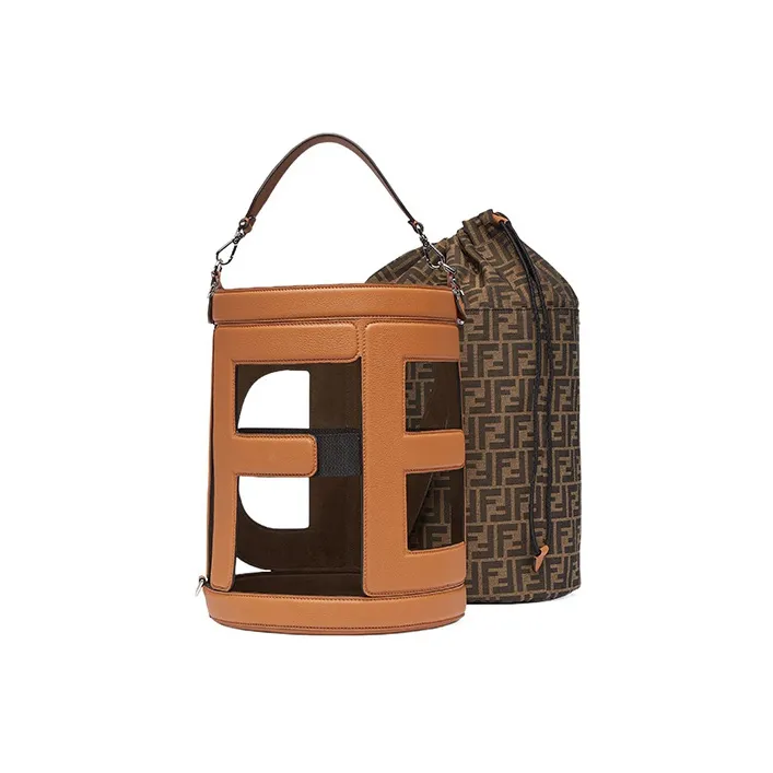 FENDI Leather Bucket Bags Shoulder Bag Crossbody Bag Handbag Women's Brown-3