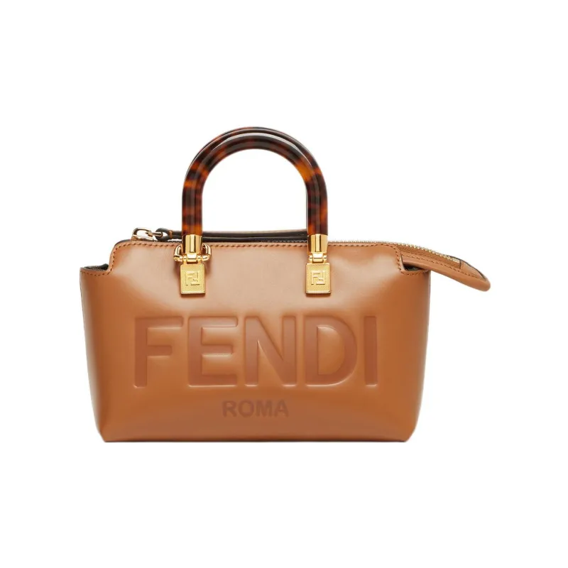 FENDI Cow Leather Boston Bag Handbag Shoulder Bag Crossbody Bag Small Size Women's Brown-0
