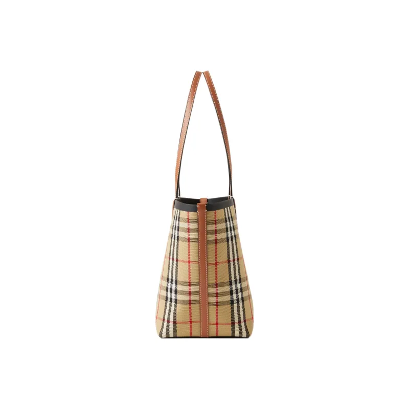 Burberry Check Cotton Small London Tote Bag Briar Brown/Black-3