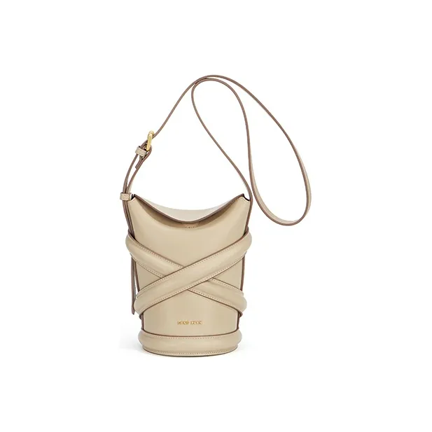 Gong Xuan Cow Leather Bucket Bag, Crossbody Bag Trumpets Women's Noble Coffee Apricot-2