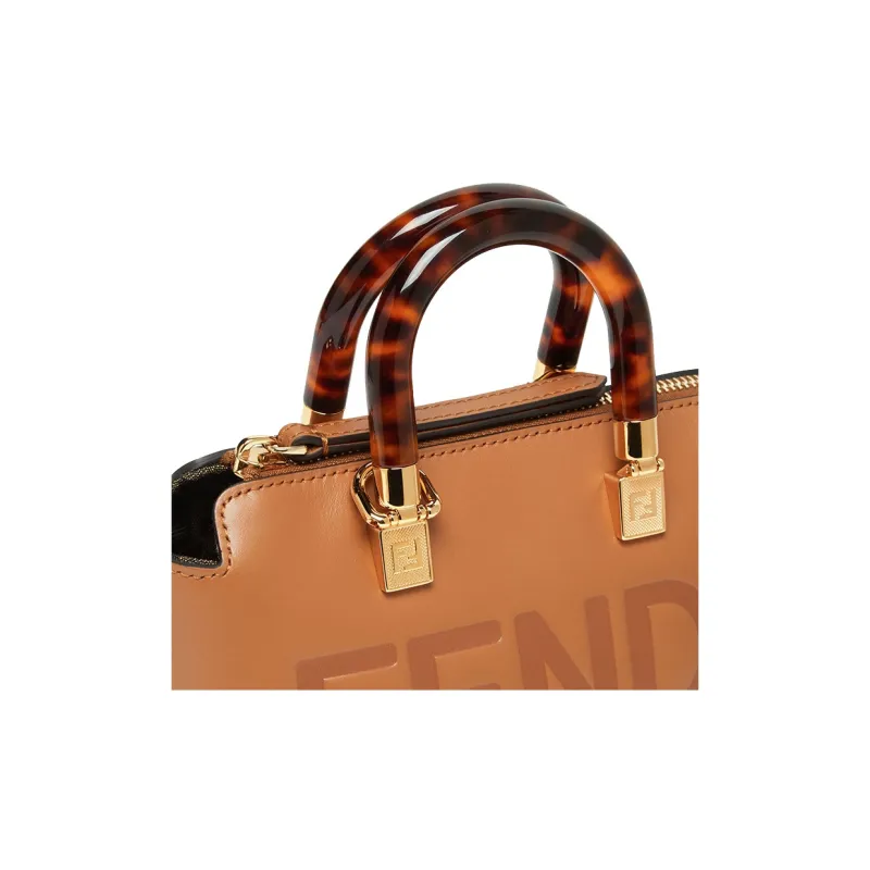 FENDI Cow Leather Boston Bag Handbag Shoulder Bag Crossbody Bag Small Size Women's Brown-4