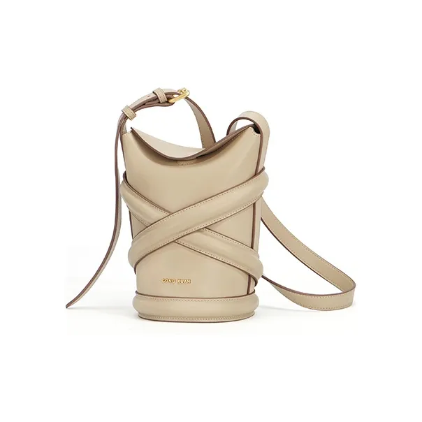 Gong Xuan Cow Leather Bucket Bag, Crossbody Bag Trumpets Women's Noble Coffee Apricot-1